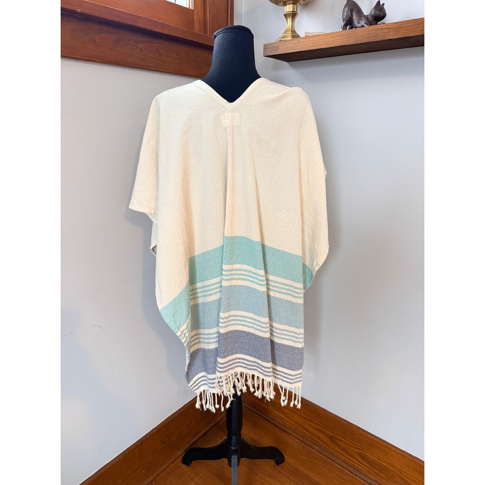Tribe Alive Striped Cotton Poncho Tunic Cover Up Fringe Hem Boho Resort Style OS - Picture 3 of 6